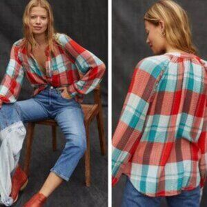 ANTHROPOLOGIE PILCRO Breezy Button Down Buffalo Plaid Seersucker Shirt Blouse